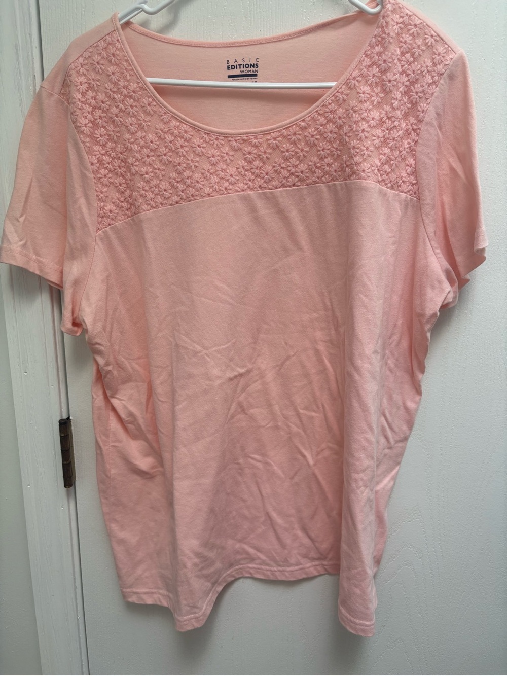Basic Editions Light Pink Floral Embroidered Yoke Short-Sleeve Tee